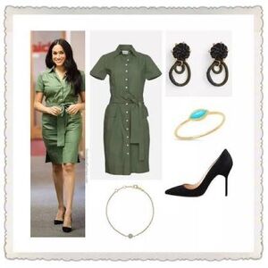 💚 Meghan Markle Stephanie' short-sleeve tailored shirtdress Khaki/Olive Green 12